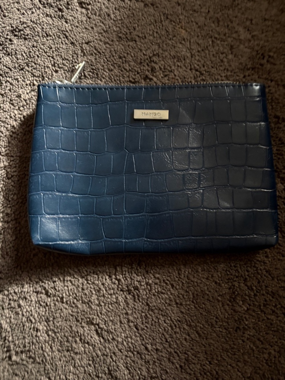 Mango Croc-Embossed Dark Blue Zip Pouch